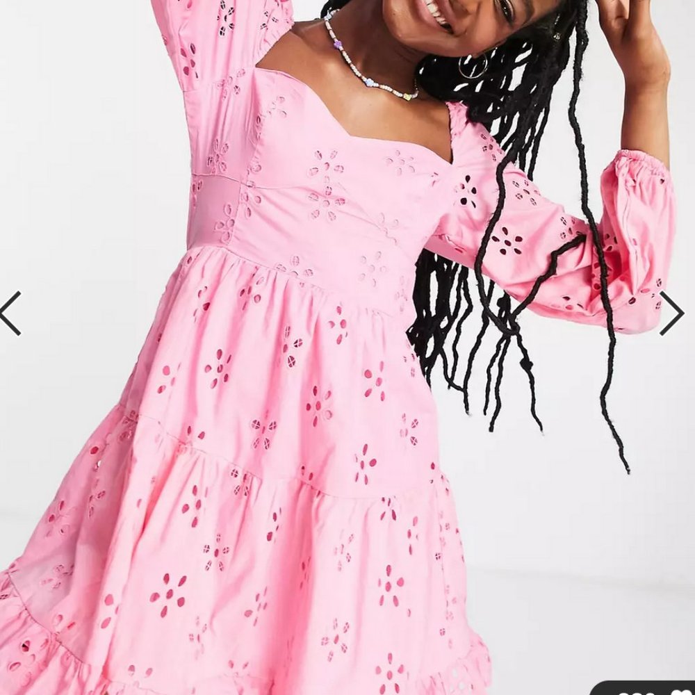 ASOS DESIGN long sleeve broderie tiered mini skater dress in pink